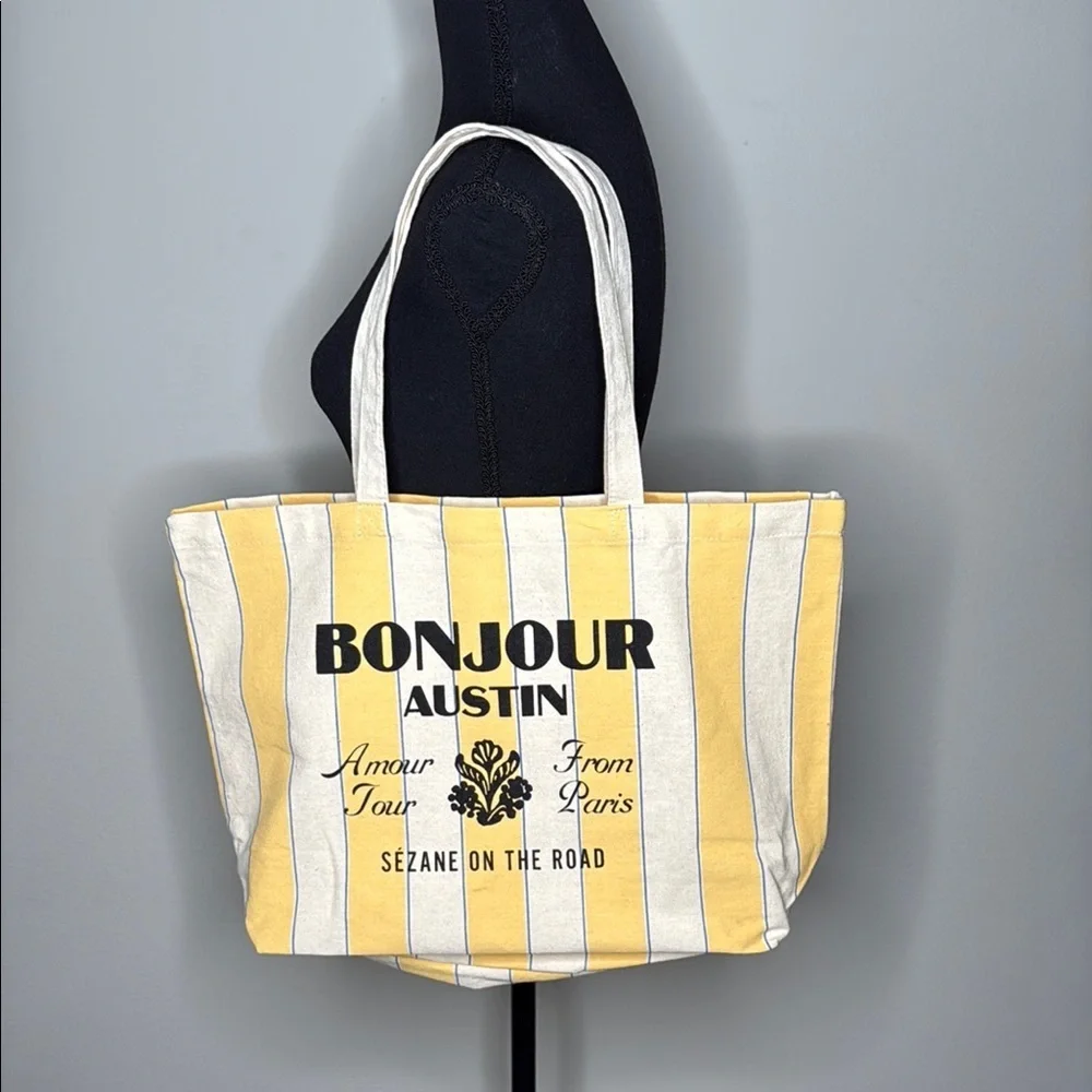 Sezane Bonjour Austin Yellow & Ecru Striped Cotton Tote Bag NEW - Picture 1 of 4